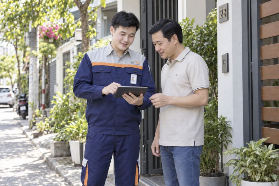 Kỹ thuật viên FPT Telecom lắp mạng FPT Cẩm Lệ cho hộ gia đình
