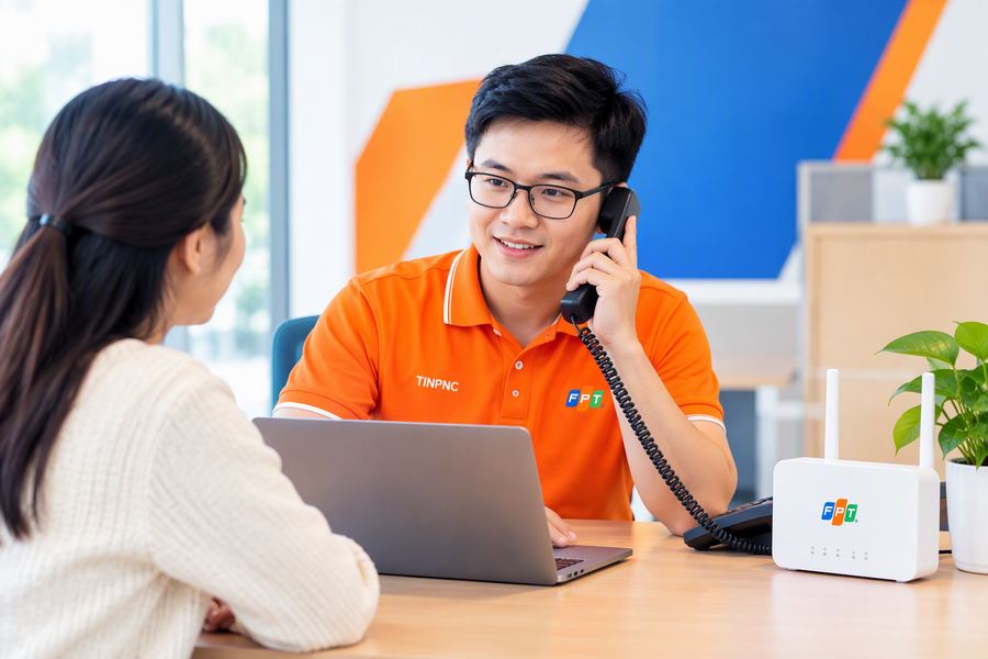 Nhân viên tư vấn FPT hỗ trợ khách hàng đăng ký gói cước