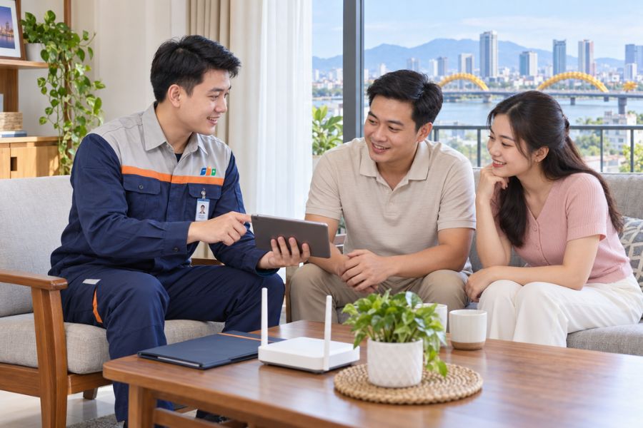 Kỹ thuật viên FPT Telecom lắp mạng FPT Hải Châu cho căn hộ chung cư tại phường Hải Châu