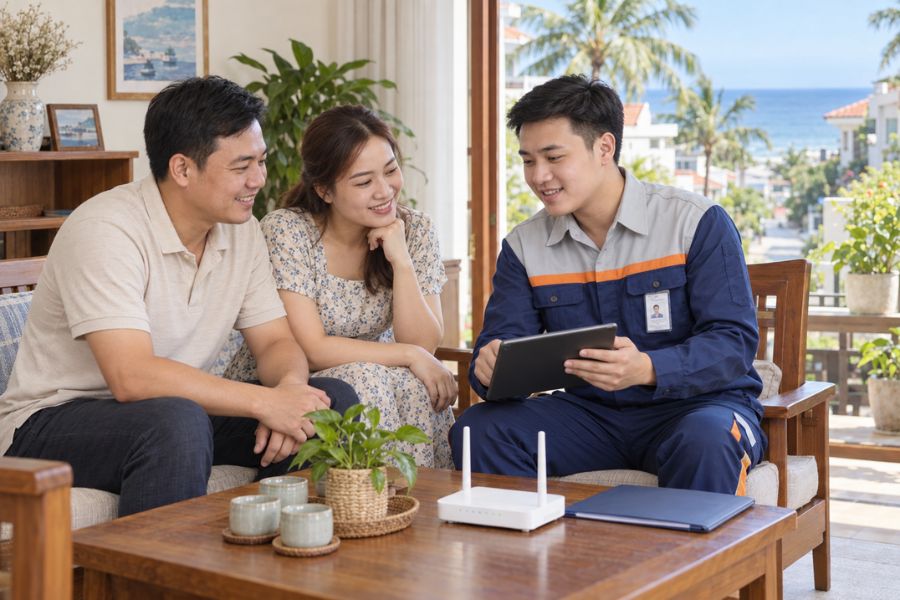Kỹ thuật viên FPT Telecom lắp mạng FPT Hoàng Sa cho một homestay trên đường Hoàng Sa, phường Sơn Trà