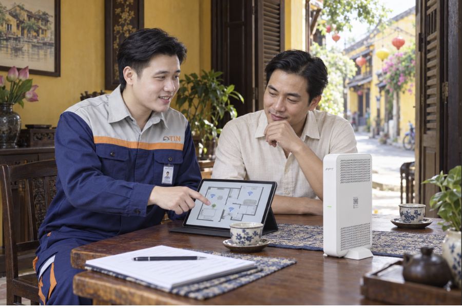 Kỹ thuật viên FPT Telecom lắp mạng FPT Hội An cho một quán ăn tại phường Hội An Tây