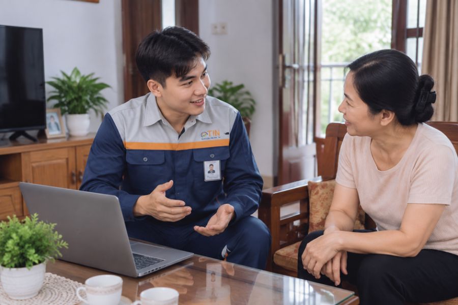 Nhân viên FPT Telecom đến tư vấn lắp đặt mạng cho khách hàng