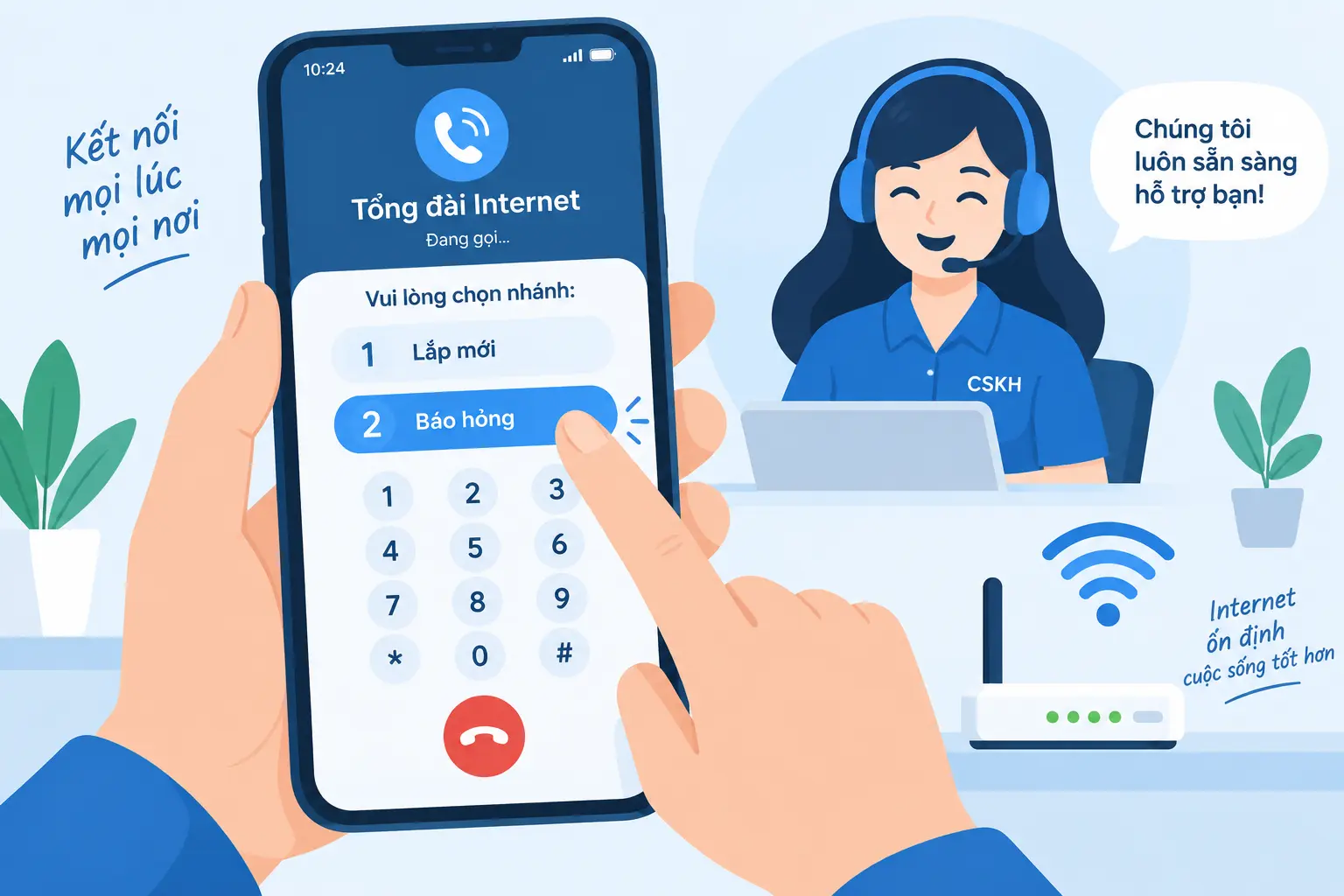 Người dùng bấm phím chọn nhánh báo hỏng khi gọi tổng đài