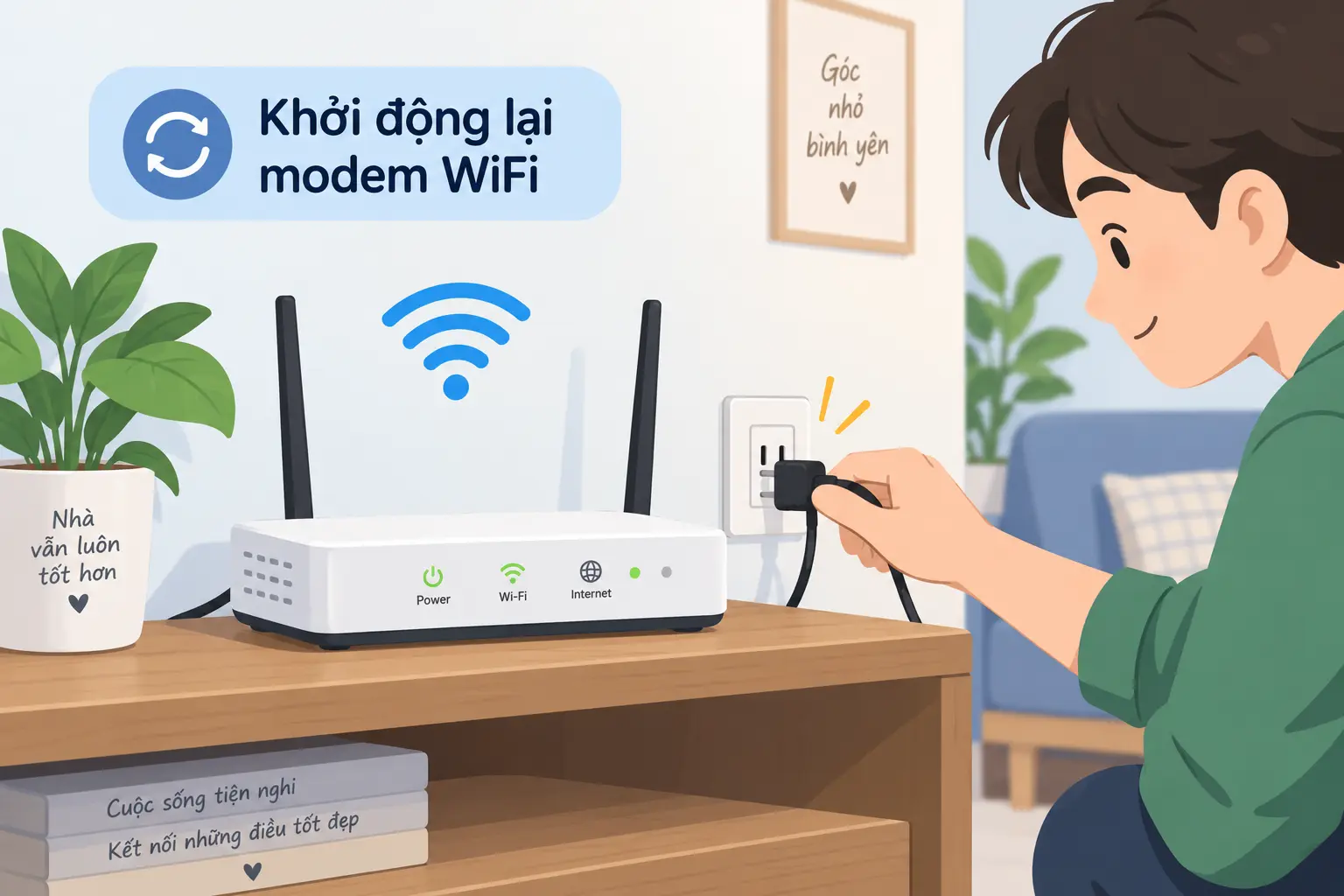 Người dùng rút nguồn khởi động lại modem wifi tại nhà