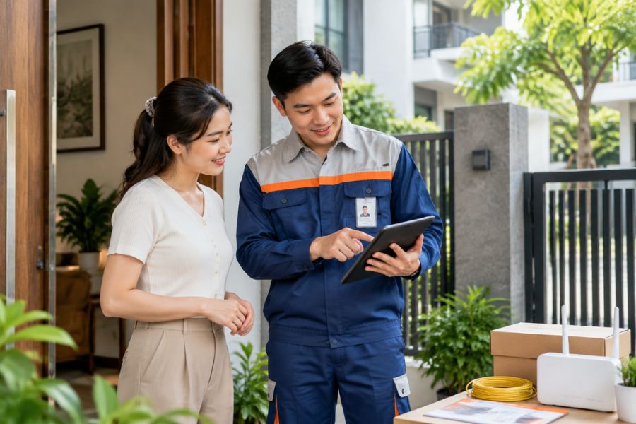 Kỹ thuật viên FPT Telecom tư vấn lắp đặt mạng cho khách hàng tại Liên Chiểu