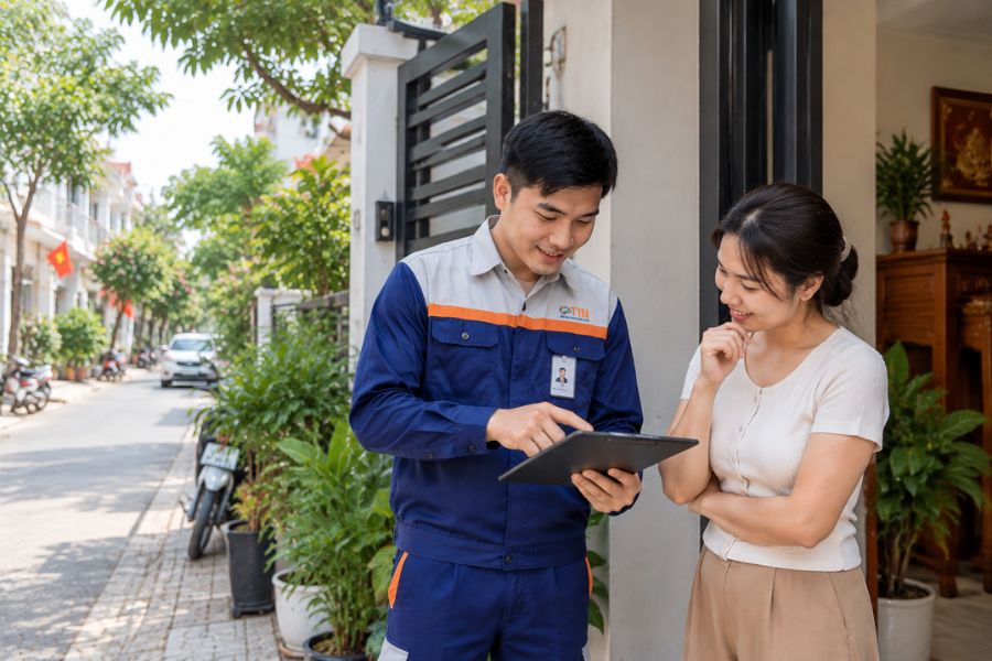 Kỹ thuật viên FPT Telecom lắp mạng FPT Ngũ Hành Sơn cho villa tại khu An Thượng, Mỹ An