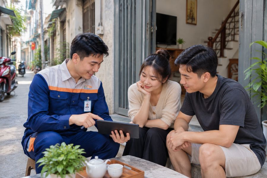 Kỹ thuật viên FPT Telecom kéo cáp lắp mạng FPT Thanh Khê cho nhà phố trong kiệt đường Điện Biên Phủ